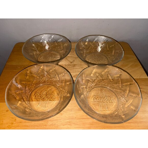 Set Of 4 Vintage Coca-Cola Coke Embossed Glass Dessert Bowls With Bottle Design - Picture 2 of 5